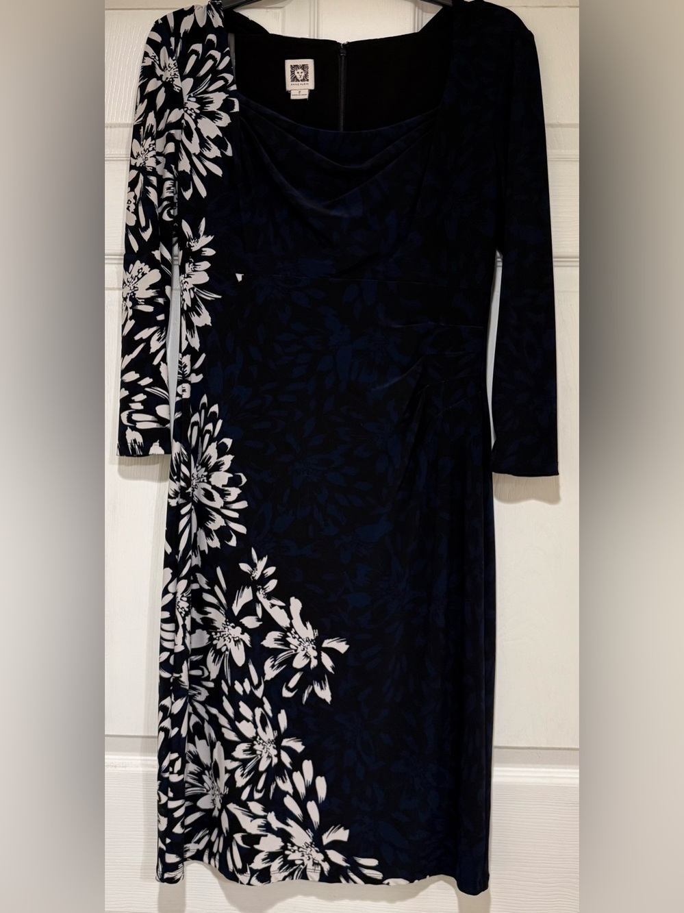 Anne Klein Navy Floral-Accent Long Sleeve Dress